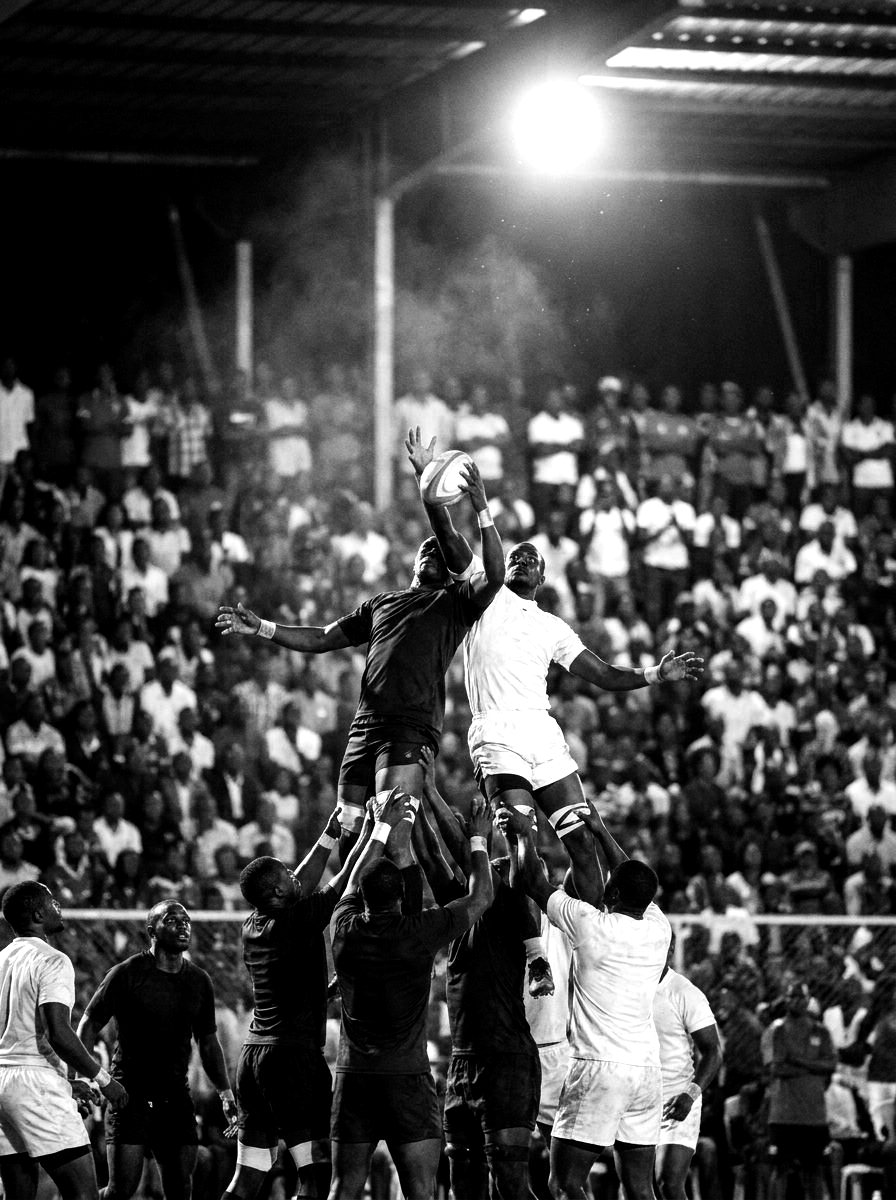 Rugby players lifted in a lineout under floodlights in front of packed stands
